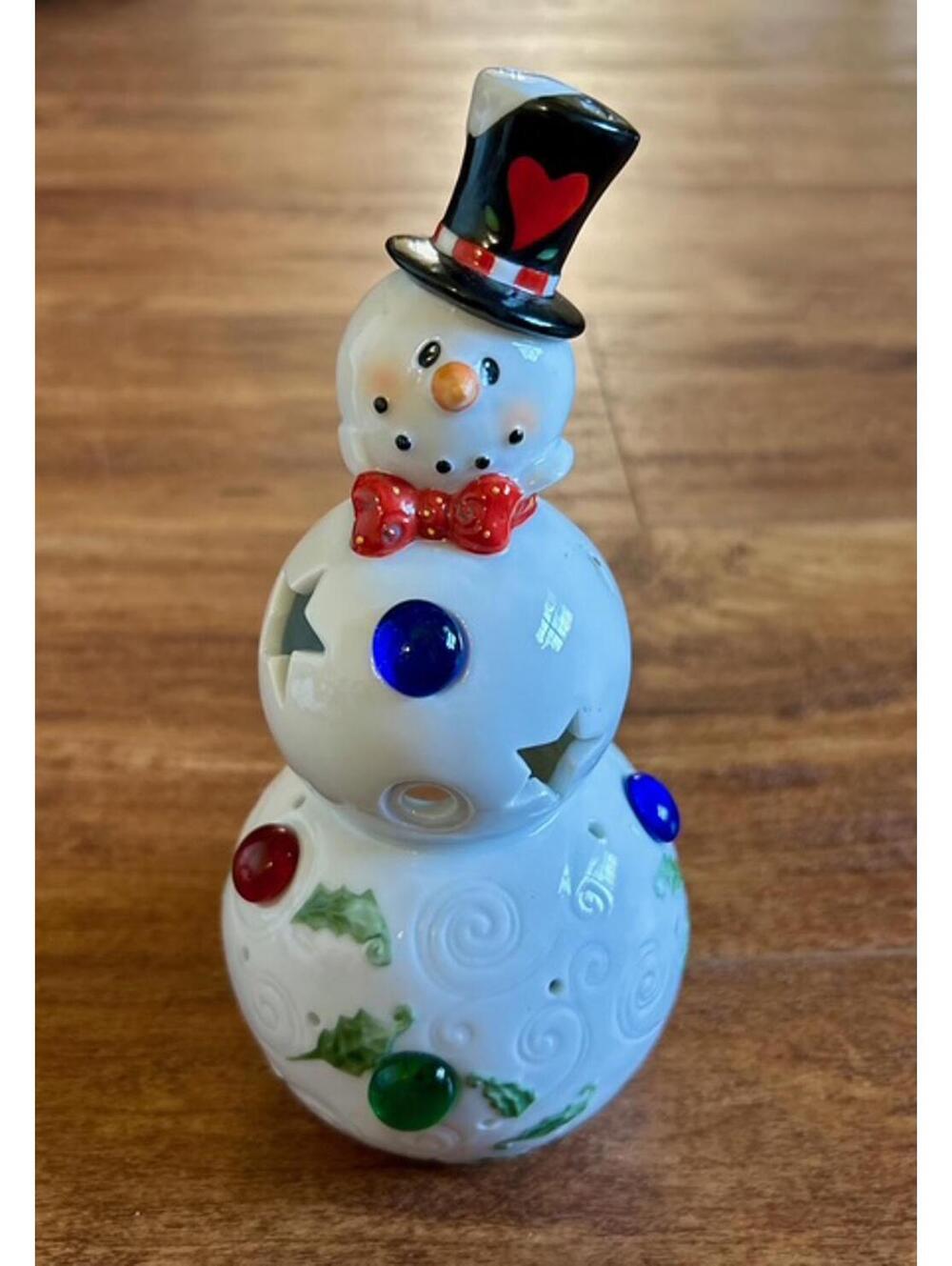 Ceramic Snowman Candle Holder with Colorful Accents and Top Hat